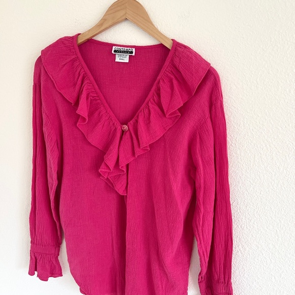 VINTAGE blouse / pink gauze cotton ruffle v neck long sleeve top / size S - Picture 2 of 6